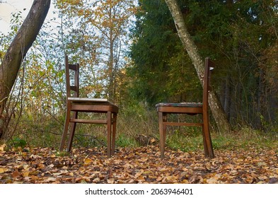 Two Old Wooden Chairs Stand Opposite Each Other In A Clearing In The Forest