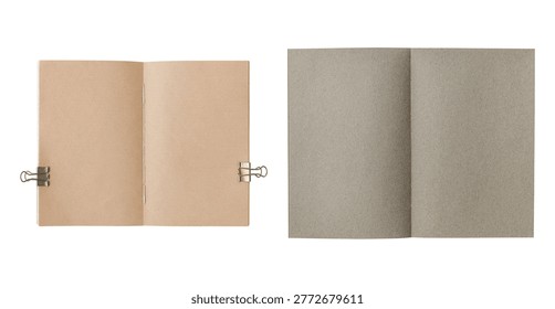 Two open blank notebooks, one with brown pages and a binder clip, the other with gray pages, displayed side by side on a white background.