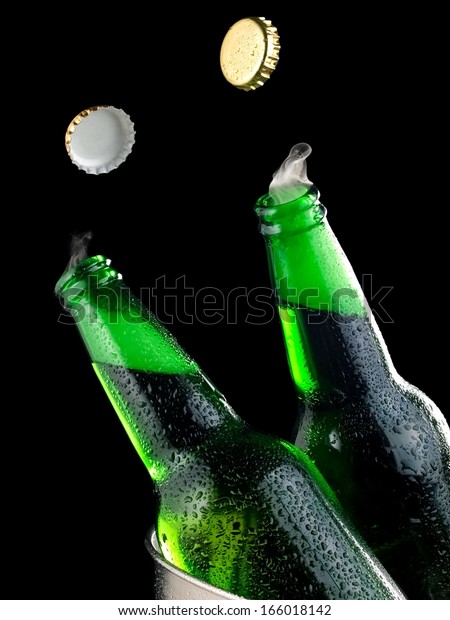 Download Two Open Green Beer Bottles Flying Food And Drink Stock Image 166018142 PSD Mockup Templates