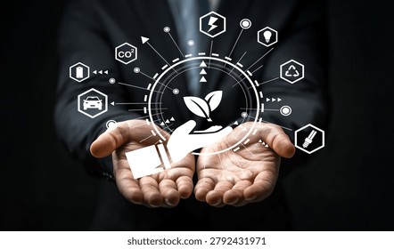Two open hands display digital icons related to sustainability, technology, and environmental growth, symbolizing a balance between innovation and nature in a modern context.