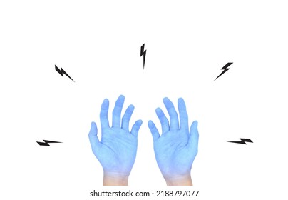 Two Opened Hands With Light Blue Color Of Young Man. Concept Of Cold And Clumsy Hand.