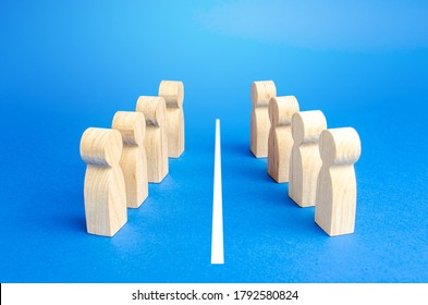 The two opposing sides are separated by a white line. Resolution of the conflict through negotiations. Mediation and Arbitration. Deescalation of dispute. Concluding a truce, end of confrontation - Shutterstock ID 1792580824