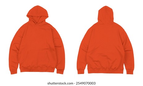 Two orange hoodies, front and back views. Apparel design mockup for fashion brands, clothing stores, or online merchandising platforms. - Powered by Shutterstock