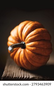 Two orange mini pumpkins on rustic wooden table close up. Decorative fall setup featuring Baby Boo squash in soft seasonal light
