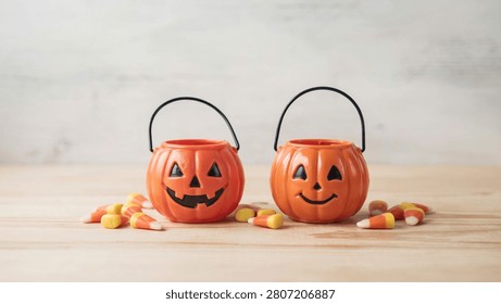 Two orange plastic pumpkin buckets with black handles and carved faces sitting on a light-colored wooden table surrounded by candy corn