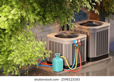 Dos unidades de aire acondicionado al aire libre con un tanque de refrigerante y manómetros, rodeadas de exuberante follaje verde cerca de una pared de ladrillo. HVAC 
