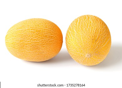 Two oval yellow ripe melons on a white background - Shutterstock ID 1735278164