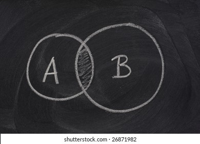 Two Overlapping Circles Sketched  With White Chalk On A Blackboard - Common Part Or Interest Concept