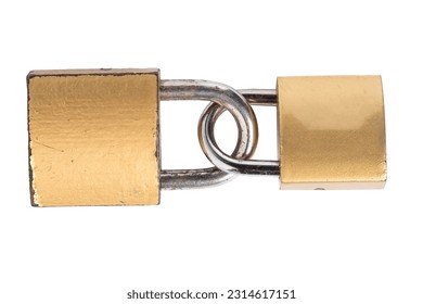 Two padlocks connected together on a white background. Macro shots