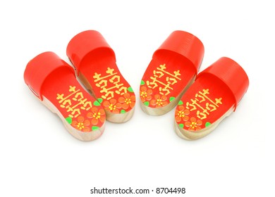 Two Pairs Of Hand Painted Traditional Chinese Mini Wooden Clogs