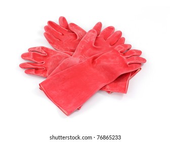 Two Pairs Of Heavy Duty Plastic Gloves On A White Background.