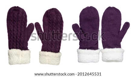 two pairs mittens isolated on white background. Knitted mittens. Mittens top view. purple mittens .