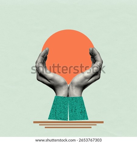 Two palms of hands protect your object. Art collage.
