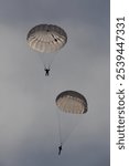 Two parachutists descending gracefully from the sky during a cloudy day, showcasing their parachutes in an exciting aerial display