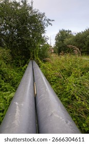 Two parallel heating pipes running through grassy field.