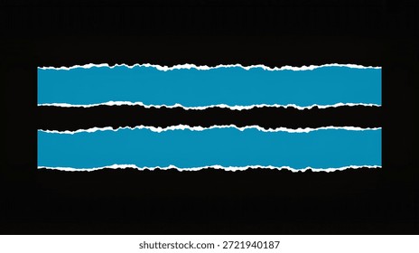 Two parallel horizontal strips of blue paper with rough, torn white edges are displayed against a solid black background, creating a graphic design element.