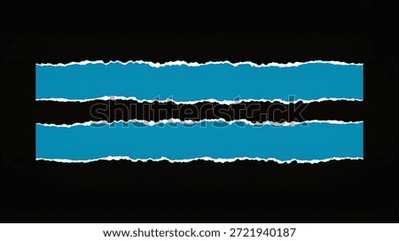 Two parallel horizontal strips of blue paper with rough, torn white edges are displayed against a solid black background, creating a graphic design element.