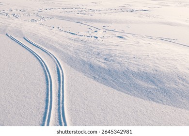 Two parallel ski tracks stretch into vast snow covered field under clear sky, carving precise path through untouched whiteness. Crisp texture of snow and soft light evoke serene, wintry stillness