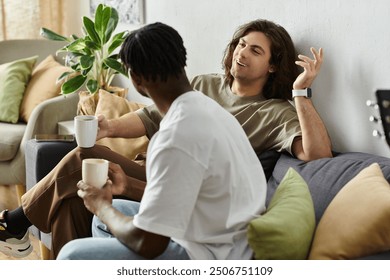 Two partners relax together, enjoying deep conversation and warm drinks in their cozy living space. - Powered by Shutterstock