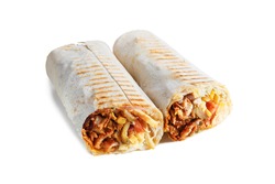 Two Parts Of Eastern Cheesy Shawarma With Layers Of Chicken Meat, Cucumber, Cabbage, Cheese Served On Plate, Isolated On White Background. Turkish Donner Wrapped In Lavash Bread. 