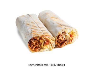 Two parts of Eastern cheesy shawarma with layers of chicken meat, cucumber, cabbage, cheese served on plate, isolated on white background. Turkish donner wrapped in lavash bread. 