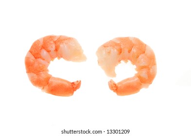 Two Peeled Prawns On A White Background