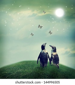 Two Penguin Friendship Or Love Theme Image At A Fantasy Landscape