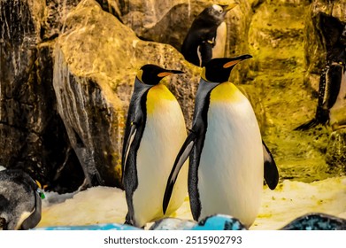 Two penguins standing next to each other in a zoo exhibit. The exhibit is made of rocks and has a blue background - Powered by Shutterstock