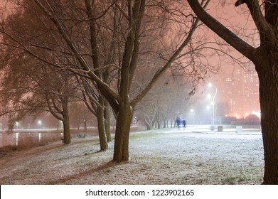 Two People (a Man And A Woman) Fading Away In The Park During The Misty Cold Weather