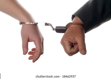 Two people chained together with isolated white background