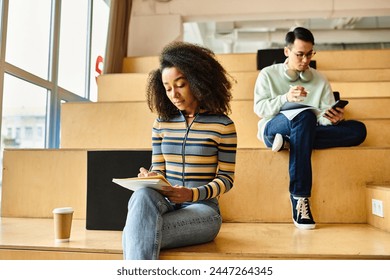 Two people, a multicultural pair, sitting on the steps of a building, engaged in deep conversation and contemplation.
