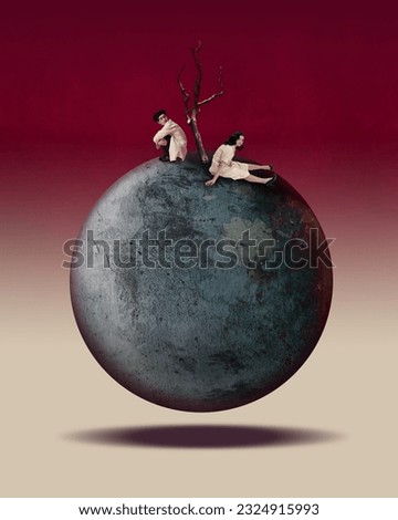 Two people on the earth. Man and woman sitting on sphere near dry tree over abstract background. Life. Contemporary art collage. Concept of surrealism, futurism, creativity, imagination, fantasy, ad