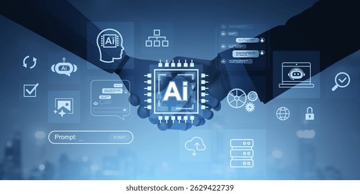 Two people shaking hands with artificial intelligence icons, symbols and chat interface on a blue gradient background, concept of digital collaboration