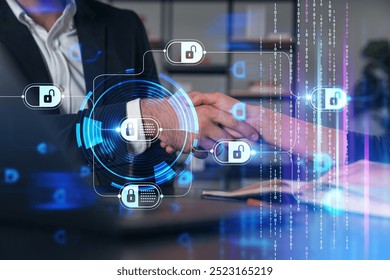 Two people shaking hands with cybersecurity icons and binary code overlay in a corporate office setting. Concept of secure digital agreements and data protection