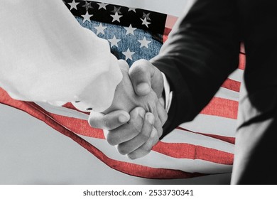 Two people shaking hands in front of an American flag for agreement and partnership. The handshake signifies unity and business political collaboration. Business people shaking hands for an agreement. - Powered by Shutterstock