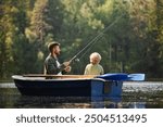 Two people sitting in boat surrounded by lush forest and calm water holding fishing rods on relaxing day fishing on peaceful lake creating bonding moment