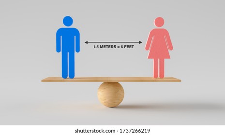 Two People Standing Wooden Scale Balancing For Social Distancing In Between. Concept Of Staying Physically Apart For Infection Control Intended To Stop Or Slow Down The Spread Of COVID-19 Conoravirus