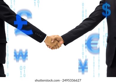Two people in suit are shaking hand, symbolizing agreement and partnership, with numeric digits and various currency symbol scattered around.
