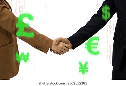 Two people in suit are shaking hand, symbolizing agreement and partnership, with numeric digits and various currency symbol scattered around. - Powered by Shutterstock - Get 15% off with code: PIKWIZARD15