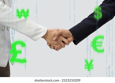 Two people in suit are shaking hand, symbolizing agreement and partnership, with numeric digits and various currency symbol scattered around. - Powered by Shutterstock - Get 15% off with code: PIKWIZARD15