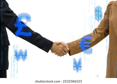 Two people in suit are shaking hand, symbolizing agreement and partnership, with numeric digits and various currency symbol scattered around. - Powered by Shutterstock - Get 15% off with code: PIKWIZARD15