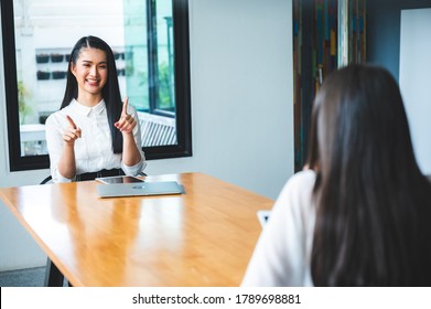 Two People Talking On Table And Keep Distance, Social Distancing Concept