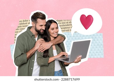 Two people together relationship conceptual collage picture choosing their anniversary gift together use laptop isolated on pink background - Shutterstock ID 2288717699