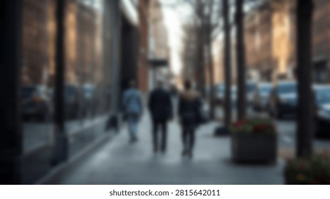 Two people walk down a sidewalk in a city street lined with trees and buildings, creating a sense of urban life.