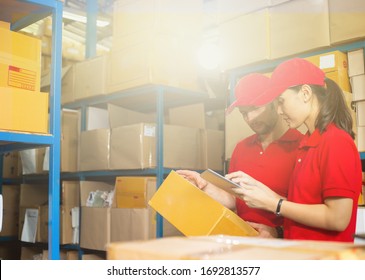 Two People Working Together For Check Tracking Number 
To Delivery To Customer.