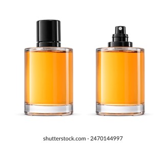 Two perfume bottle with black cap filled amber-colored fragrance isolated on a white background. - Powered by Shutterstock