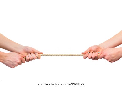 Two persons with hands pulling rope on white background