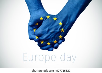 two persons holding hands patterned with the flag of the european community and the text europe day on an off-white background, with a slight vignette added - Shutterstock ID 627715520