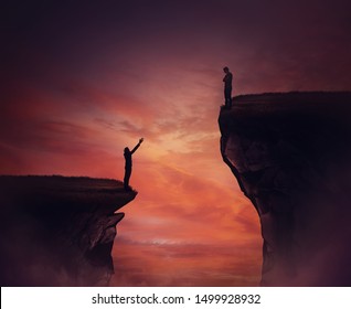 Two persons standing on different high peaks showing the divergence of success achievement. Inequality between people concept as global social issue. Discrimination, injustice and unfairness symbol.
