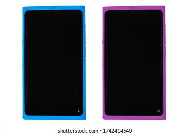 Two Phones (blue And Pink) On White Background. Pink Phone And Blue Phone.